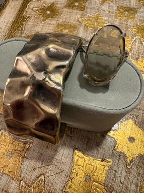 Hammered Sterling Modernist Cuff With Smokey Topaz Sterling Ring